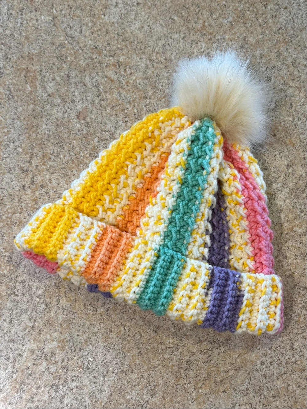 Kids Rainbow Striped Pom Beanie  Crochet Hat